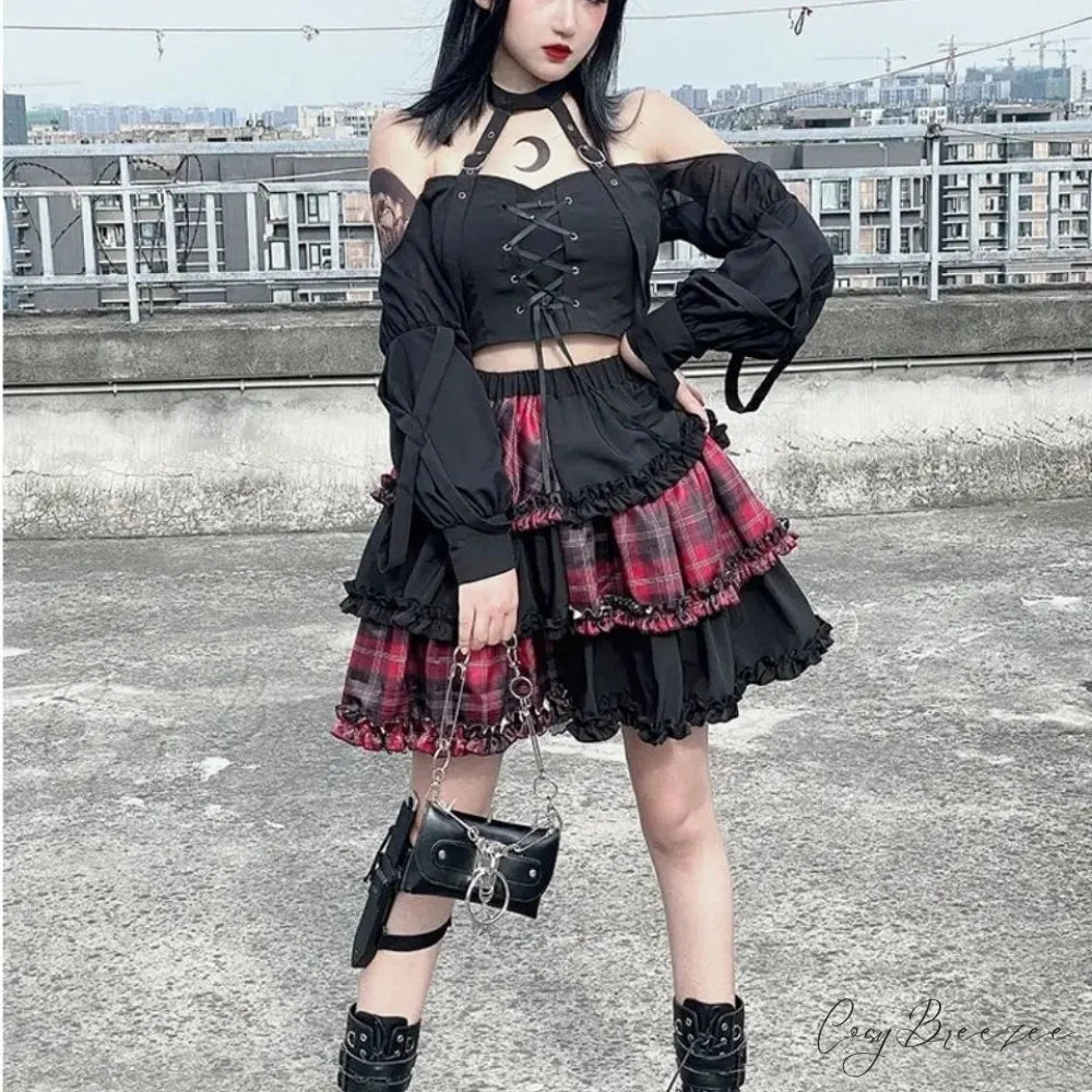 Harajuku Two-dimensional Dark Petticoat Cosplay Red Plaid Stitching High Waist A-line Spice Girl Rock Skirt RED / One