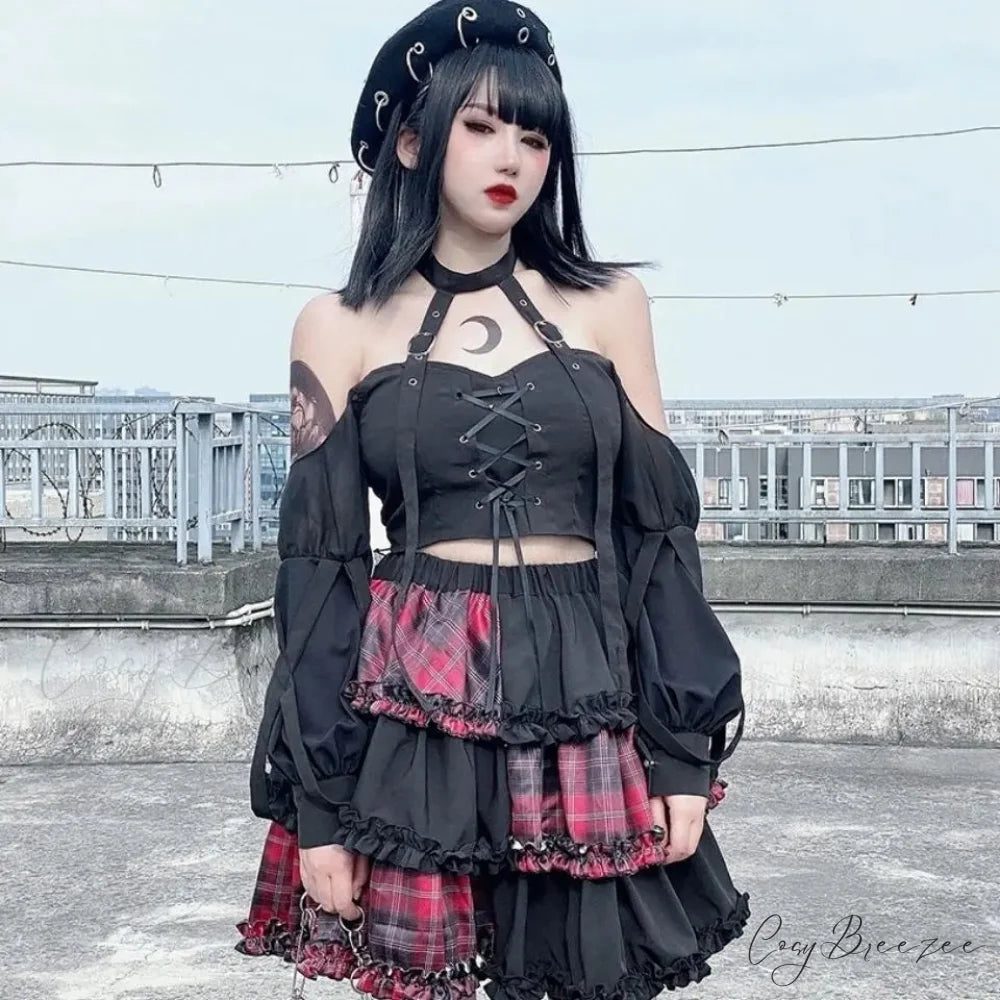 Harajuku Two-dimensional Dark Petticoat Cosplay Red Plaid Stitching High Waist A-line Spice Girl Rock Skirt RED / One