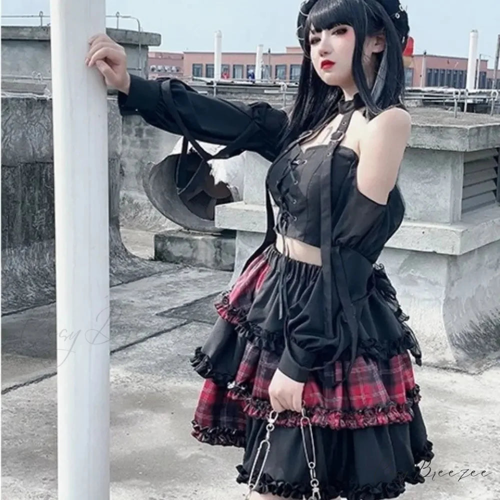 Harajuku Two-dimensional Dark Petticoat Cosplay Red Plaid Stitching High Waist A-line Spice Girl Rock Skirt RED / One
