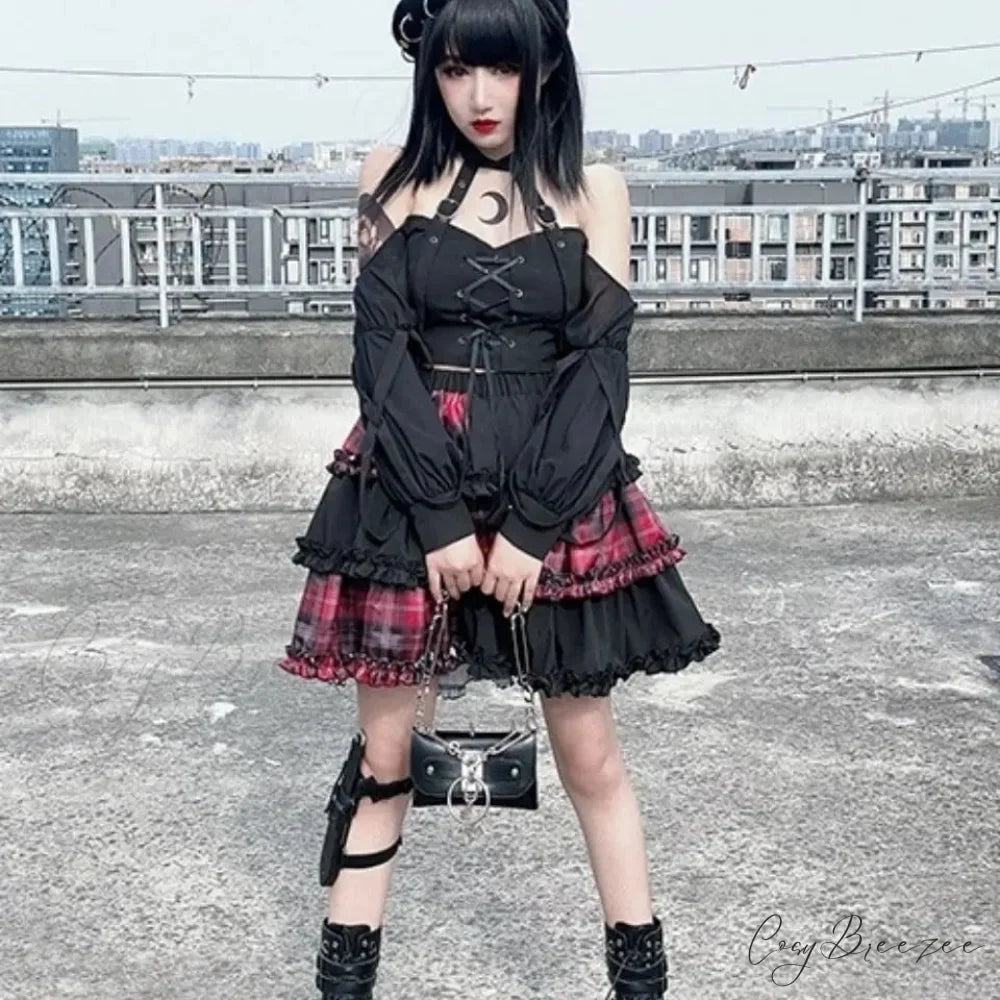 Harajuku Two-dimensional Dark Petticoat Cosplay Red Plaid Stitching High Waist A-line Spice Girl Rock Skirt RED / One