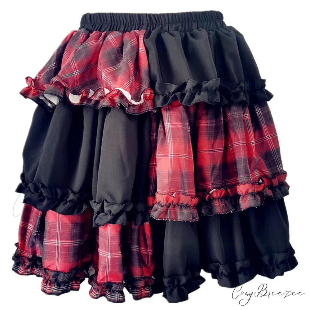 Harajuku Two-dimensional Dark Petticoat Cosplay Red Plaid Stitching High Waist A-line Spice Girl Rock Skirt RED / One