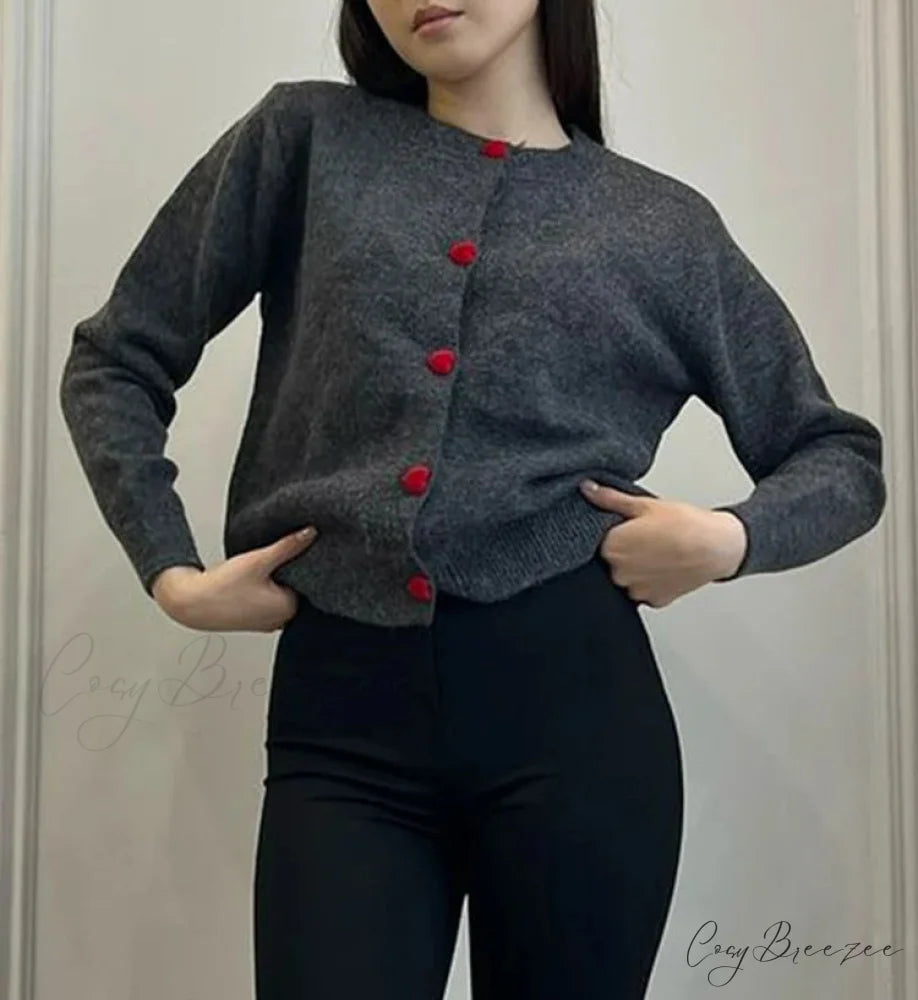 Heart Button Loose Knit Cardigan Dark Gray / One Size cardigans-241228