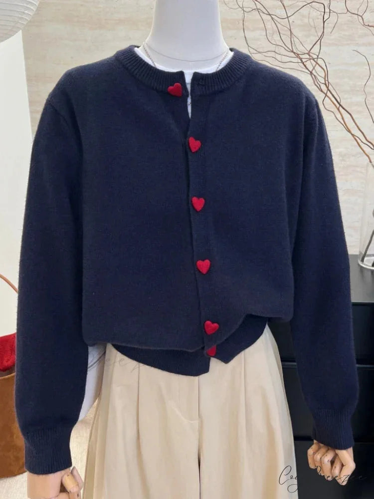 Heart Button Loose Knit Cardigan Navy Blue / One Size cardigans-241228