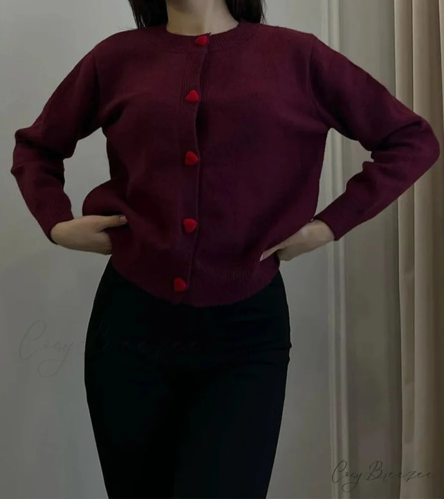 Heart Button Loose Knit Cardigan Red / One Size cardigans-241228