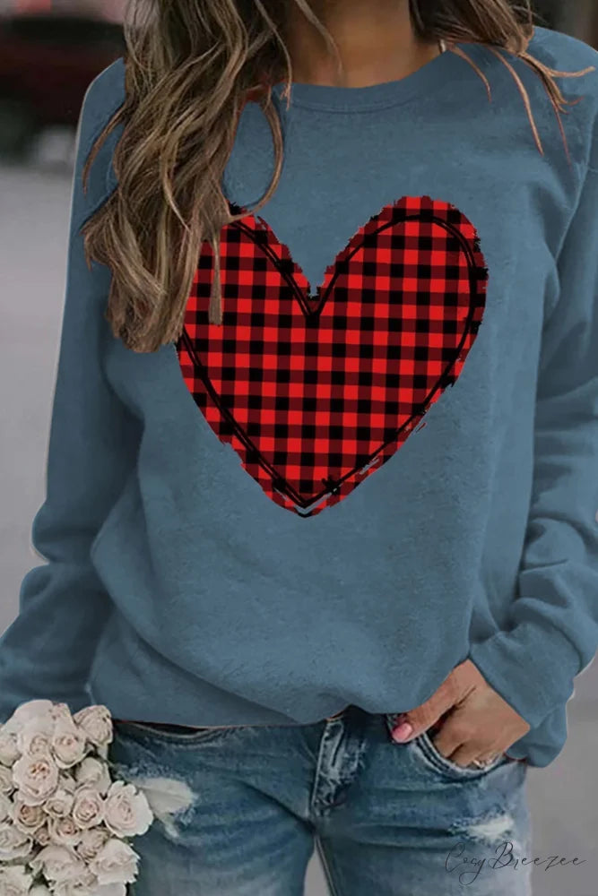 Heart Graphic Plaid Sweatshirt Blue / S