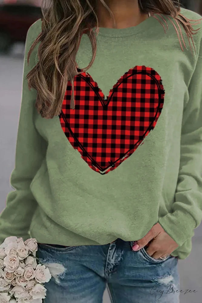 Heart Graphic Plaid Sweatshirt Green / S