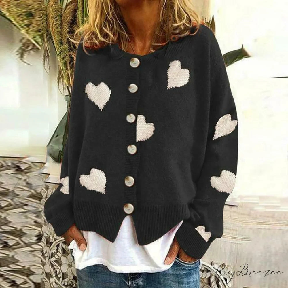 Heart Knitted Cardigan with Print Black / S