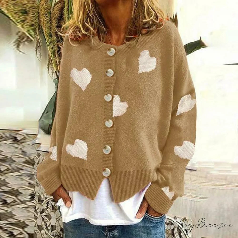 Heart Knitted Cardigan with Print Khaki / S