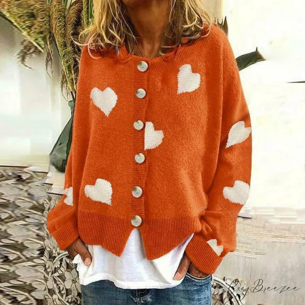 Heart Knitted Cardigan with Print Orange / S
