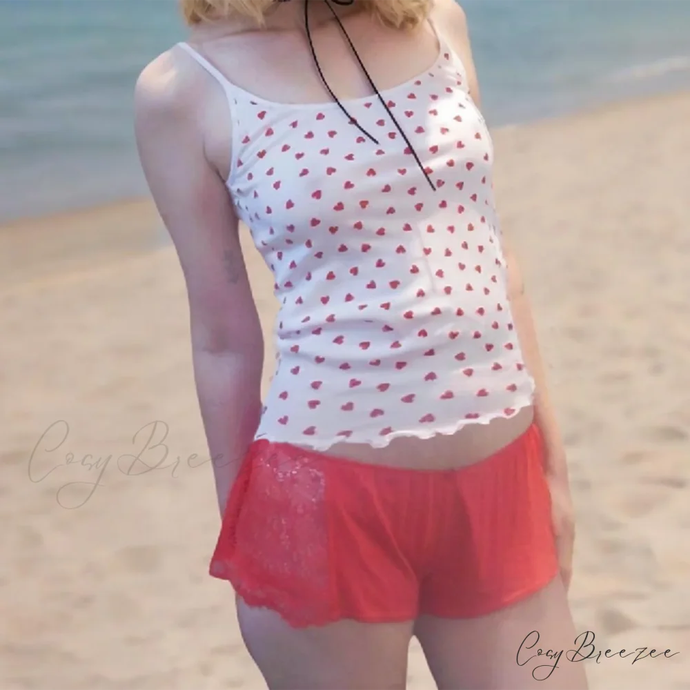 Heart Print Lettuce Edge Crop Top croptop-250223