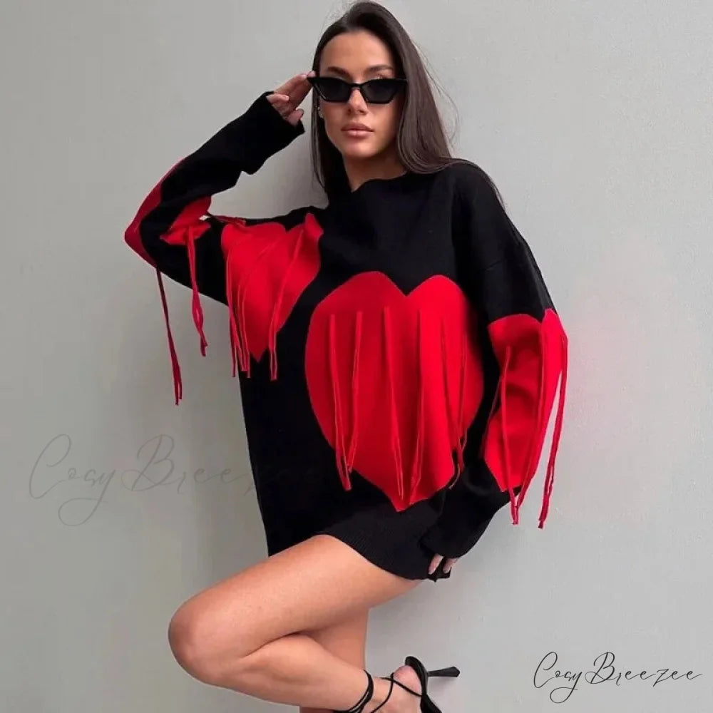 Heart Print O-neck Long Sleeve Sweater Black / S swraters-241228