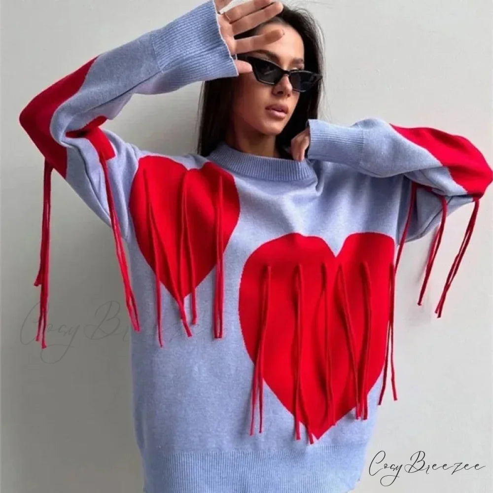 Heart Print O-neck Long Sleeve Sweater Blue / S swraters-241228