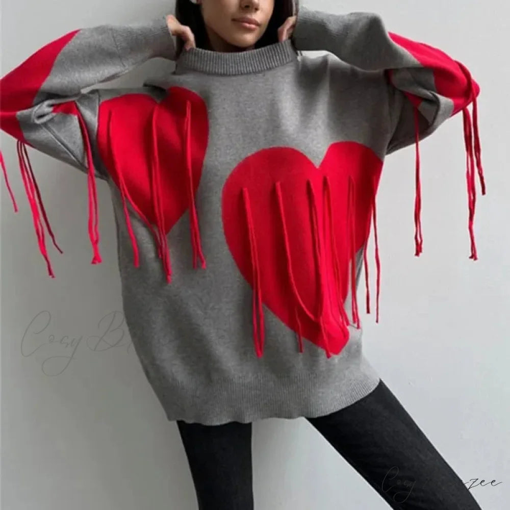 Heart Print O-neck Long Sleeve Sweater Gray / S swraters-241228