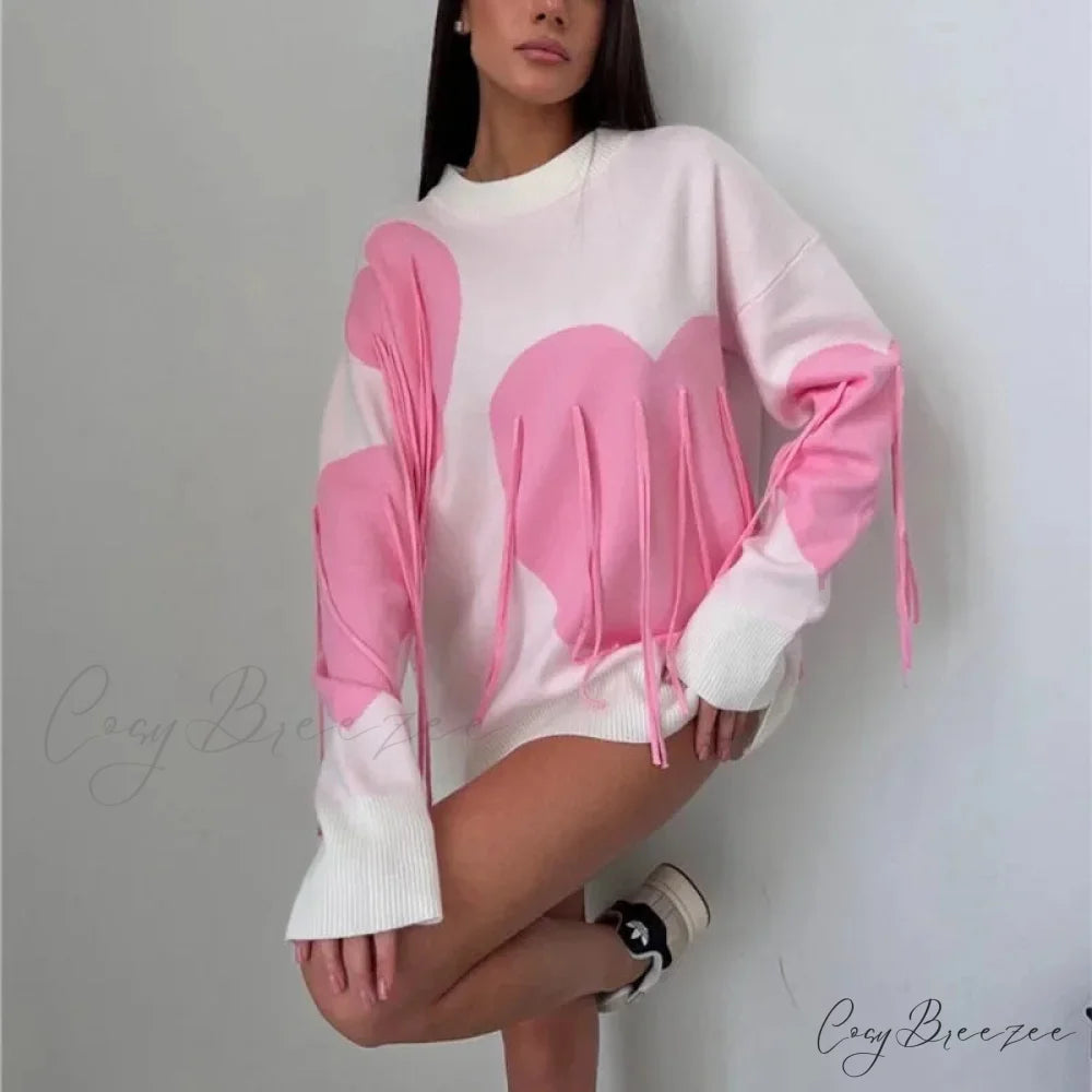 Heart Print O-neck Long Sleeve Sweater Pink / S swraters-241228