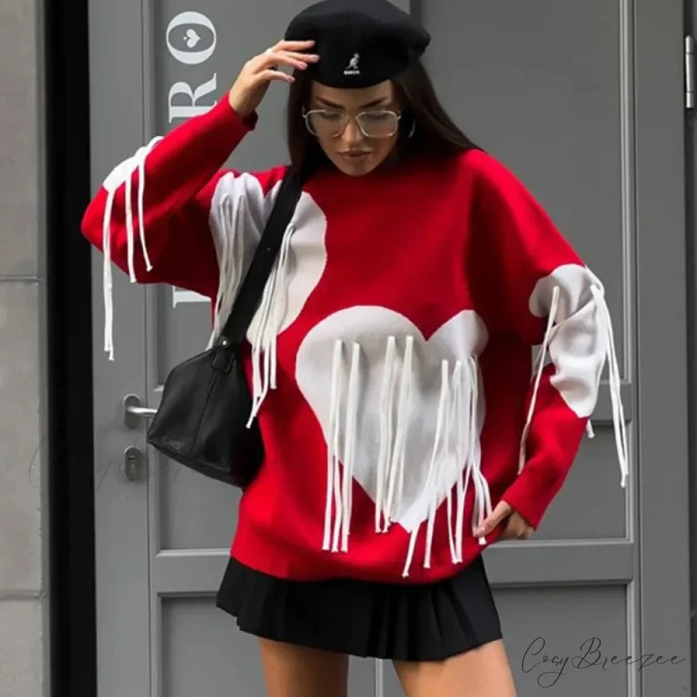 Heart Print O-neck Long Sleeve Sweater Red / S swraters-241228