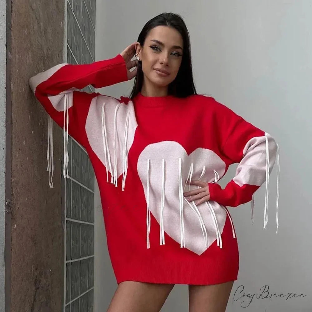 Heart Print O-neck Long Sleeve Sweater swraters-241228