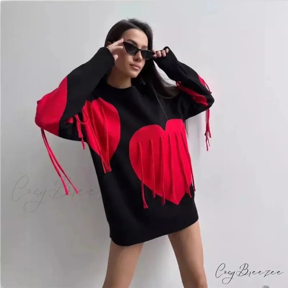 Heart Print O-neck Long Sleeve Sweater swraters-241228