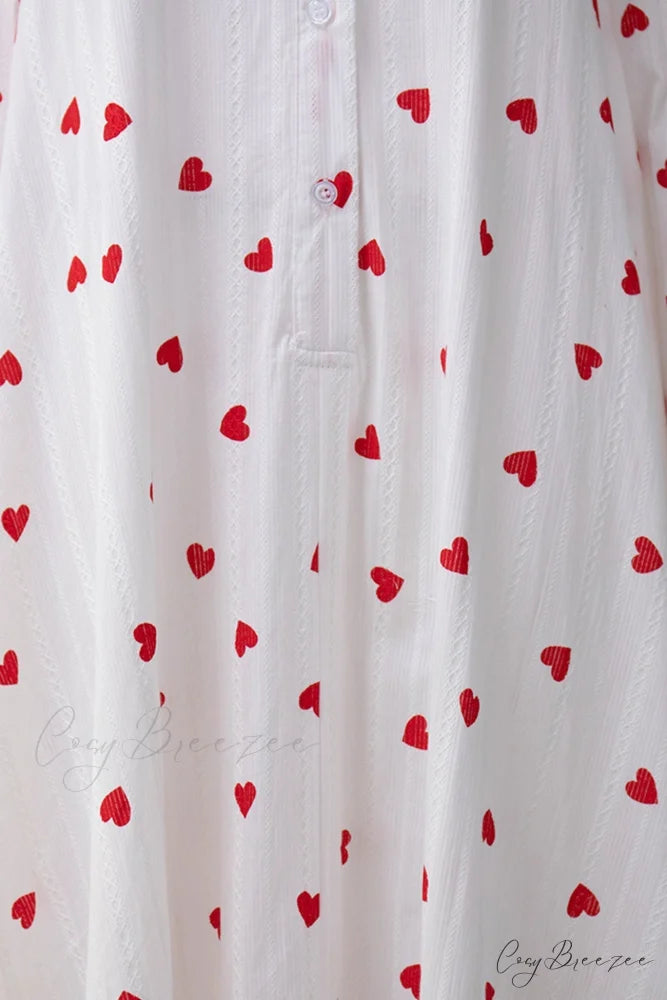 Heart Print Puff Sleeve Cotton Dress
