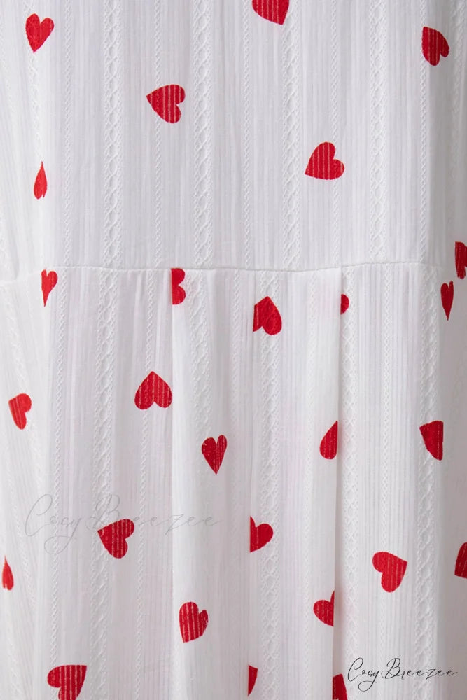 Heart Print Puff Sleeve Cotton Dress