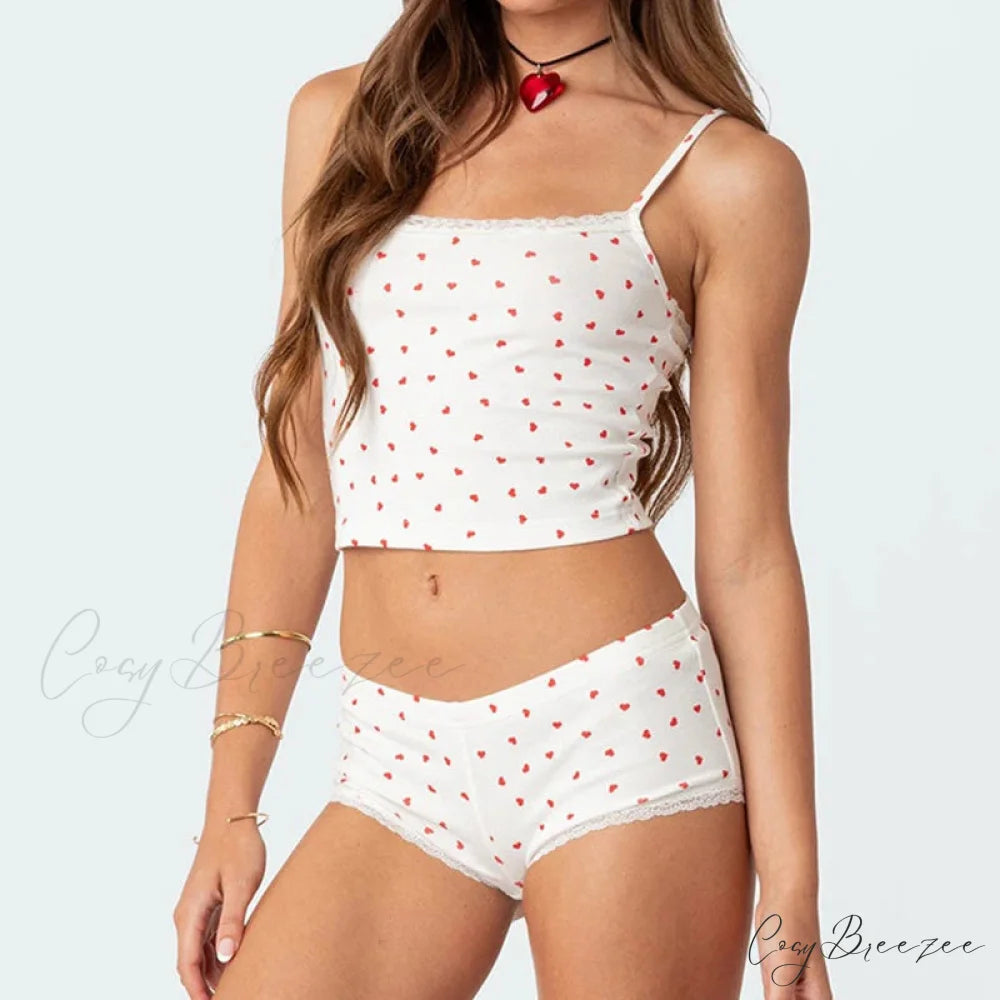 Heart Printed Kawaii Lace Trim Camis Micro Shorts Two Pieces Set twopiecesset-250126