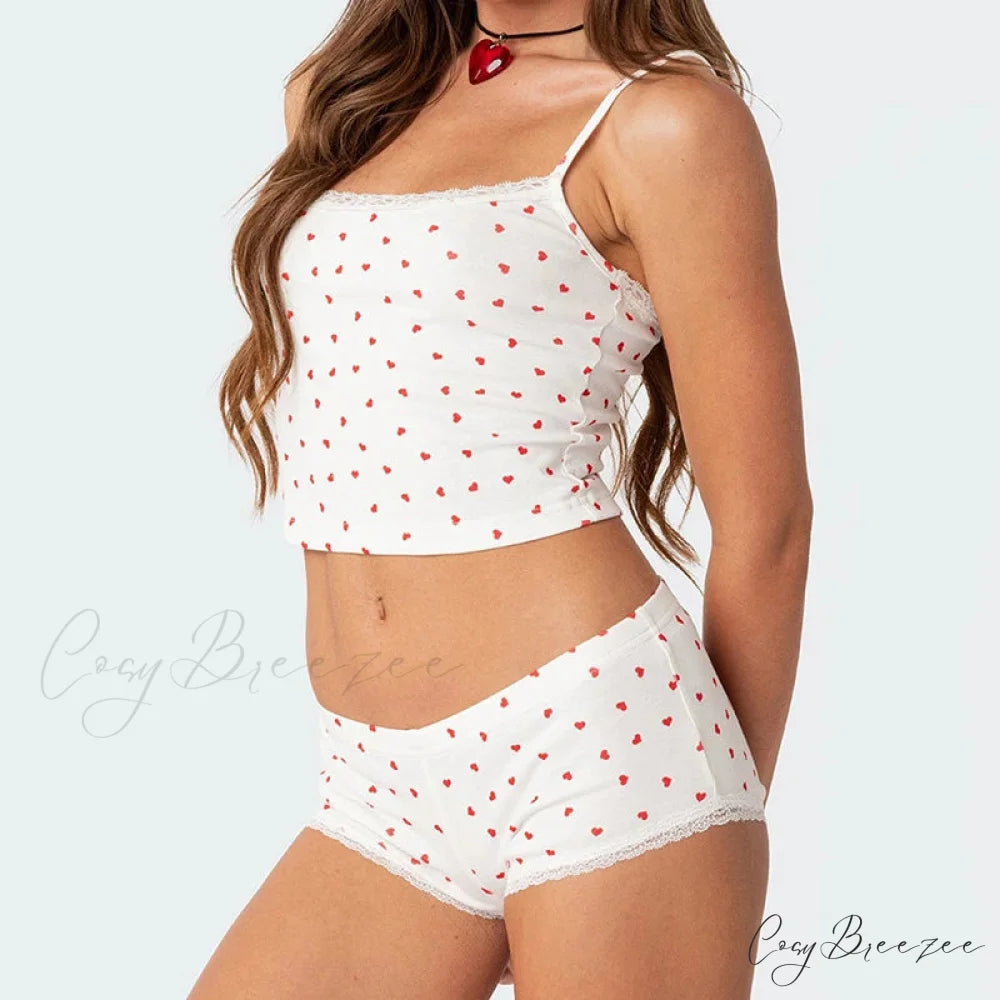 Heart Printed Kawaii Lace Trim Camis Micro Shorts Two Pieces Set twopiecesset-250126