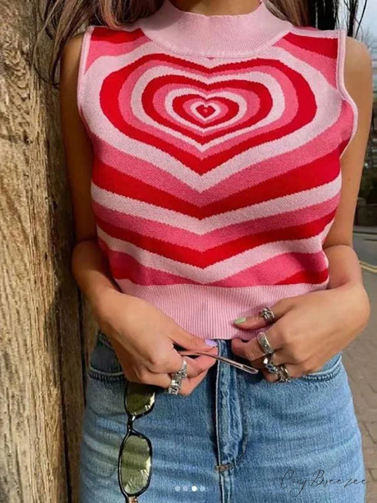 Heart Rhinestone Rib Trendy Crop Tank Top