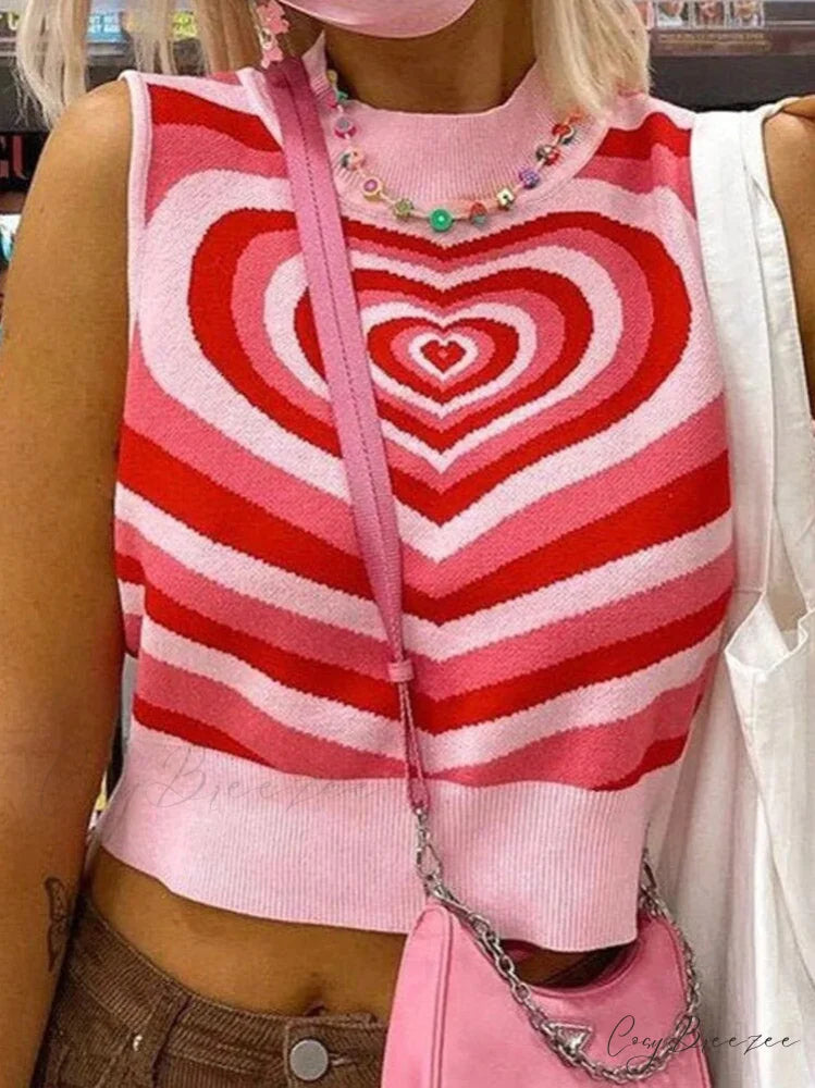 Heart Rhinestone Rib Trendy Crop Tank Top