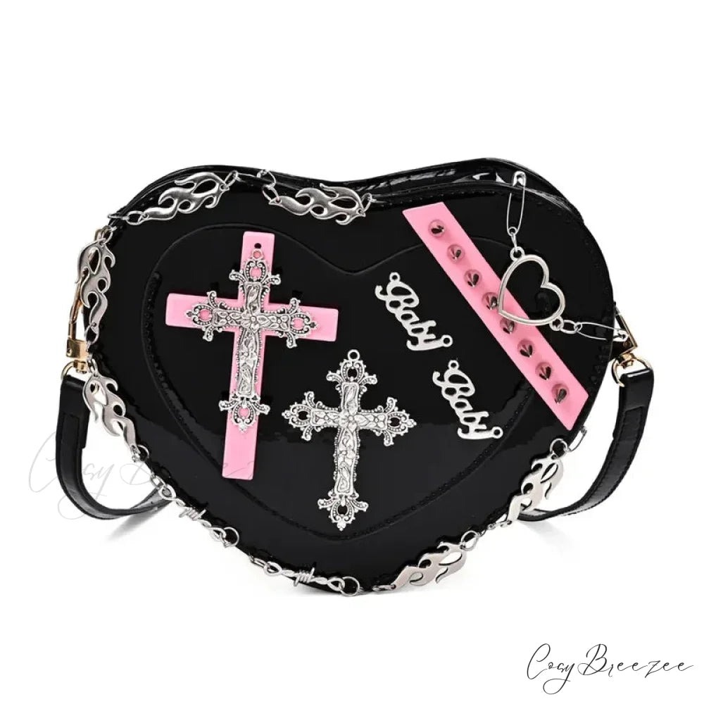 Heart-Shaped Leather Gothic Punk Crossbody Metal Decoration Shoulder Bag Black