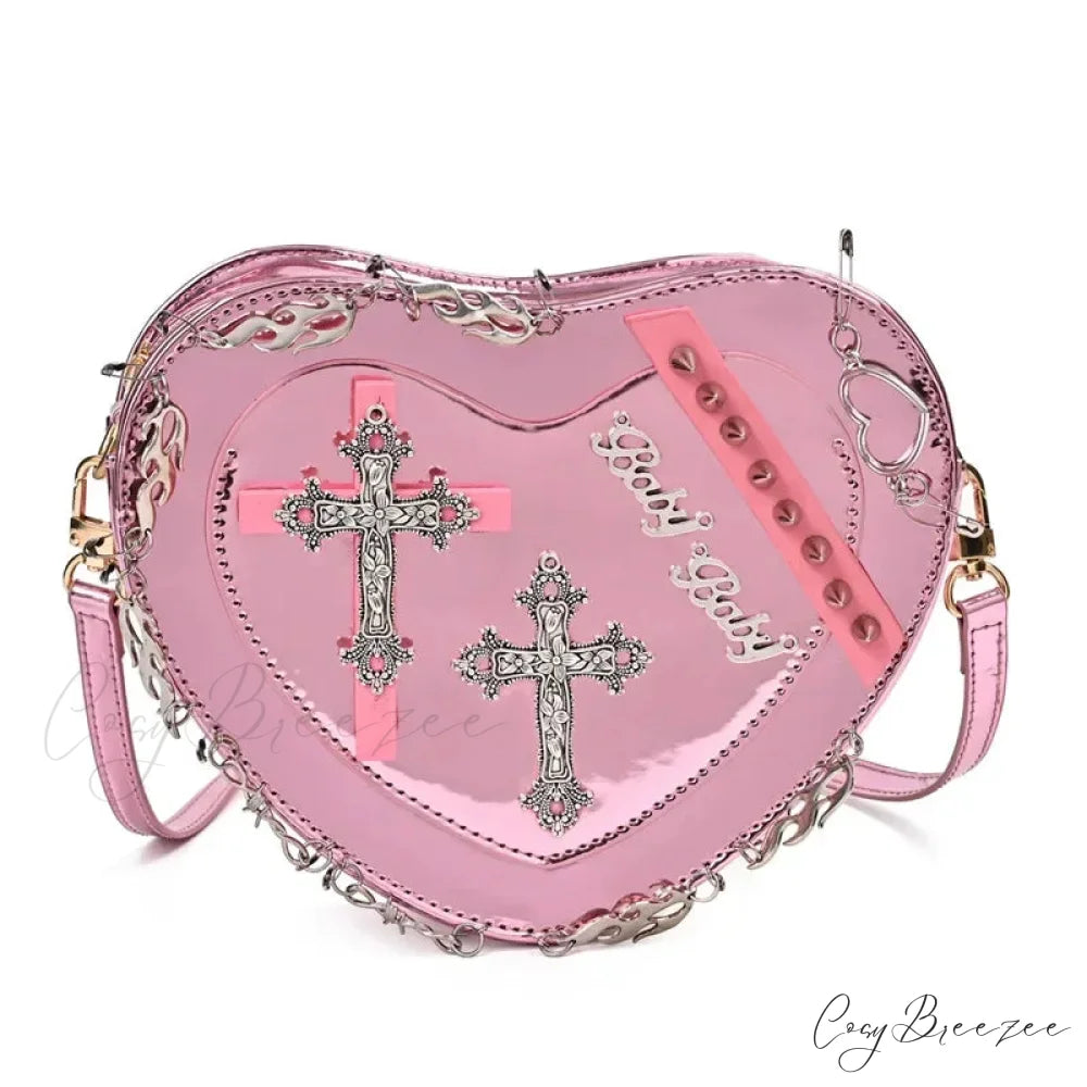 Heart-Shaped Leather Gothic Punk Crossbody Metal Decoration Shoulder Bag Pink