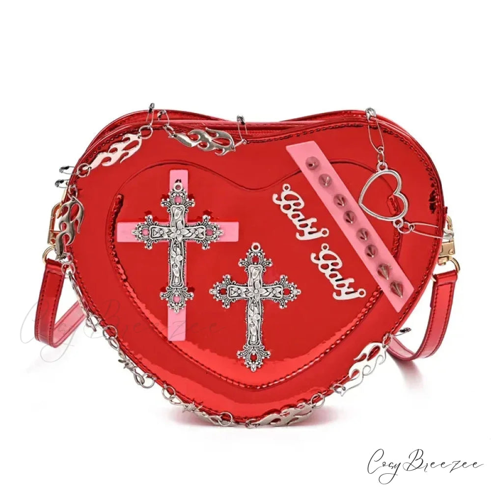 Heart-Shaped Leather Gothic Punk Crossbody Metal Decoration Shoulder Bag Red