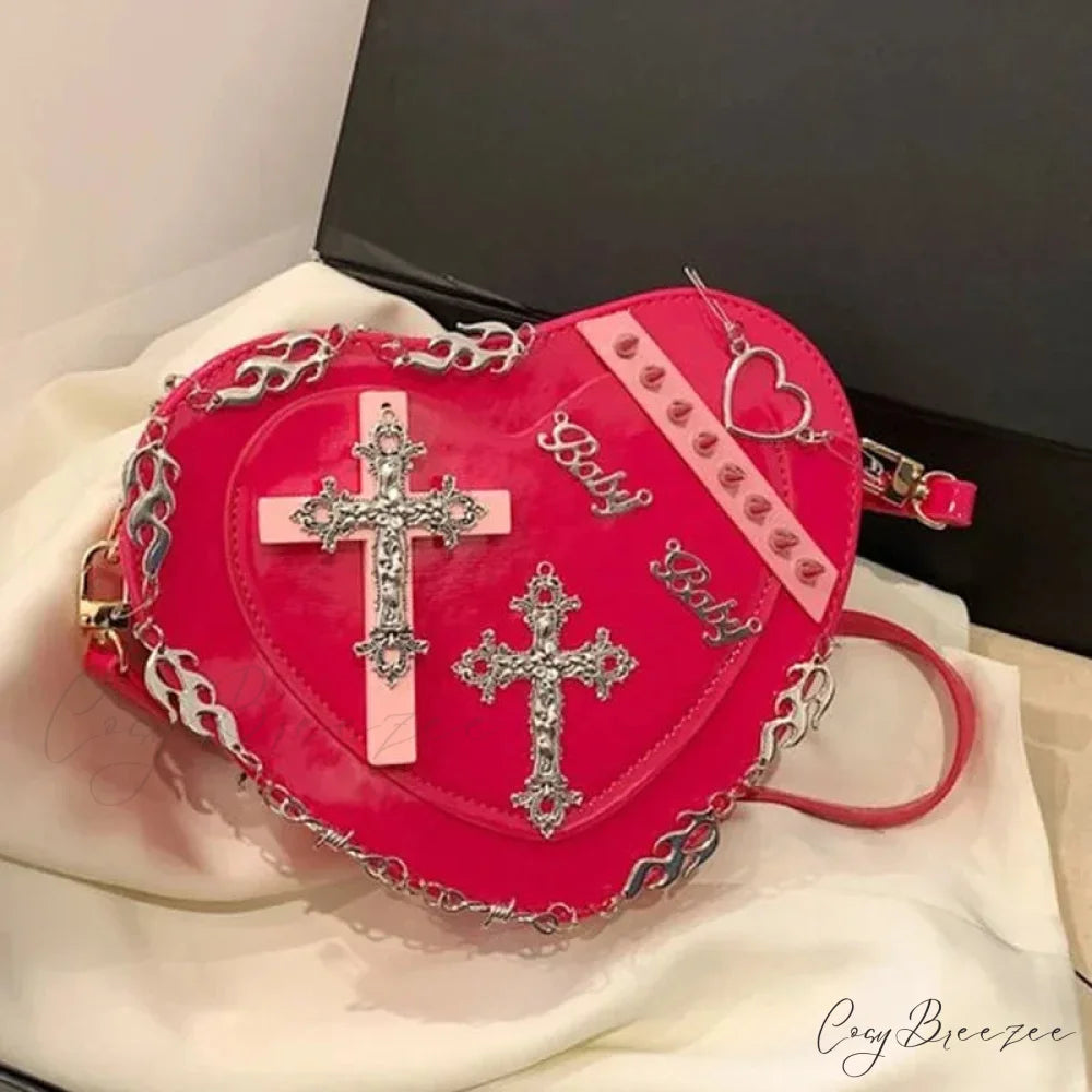 Heart-Shaped Leather Gothic Punk Crossbody Metal Decoration Shoulder Bag Rose Red