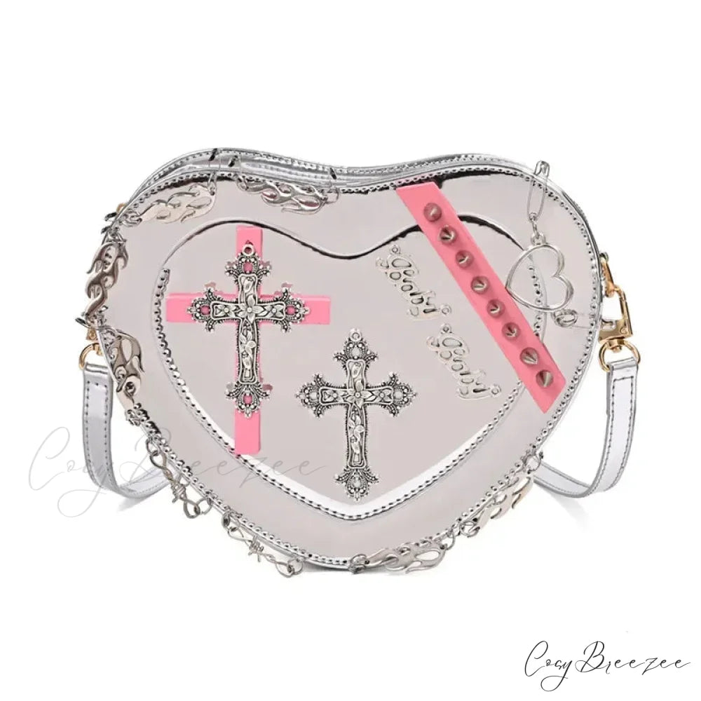 Heart-Shaped Leather Gothic Punk Crossbody Metal Decoration Shoulder Bag Silver
