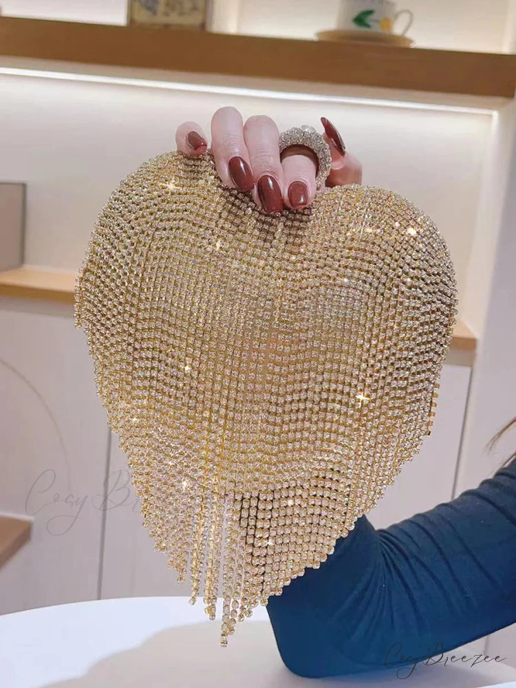 Heart Shaped Rhinestone Clutch Evening Luxury Diamond Wedding Purse Gold clutchbag-250126