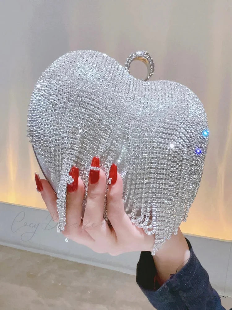 Heart Shaped Rhinestone Clutch Evening Luxury Diamond Wedding Purse Silver clutchbag-250126