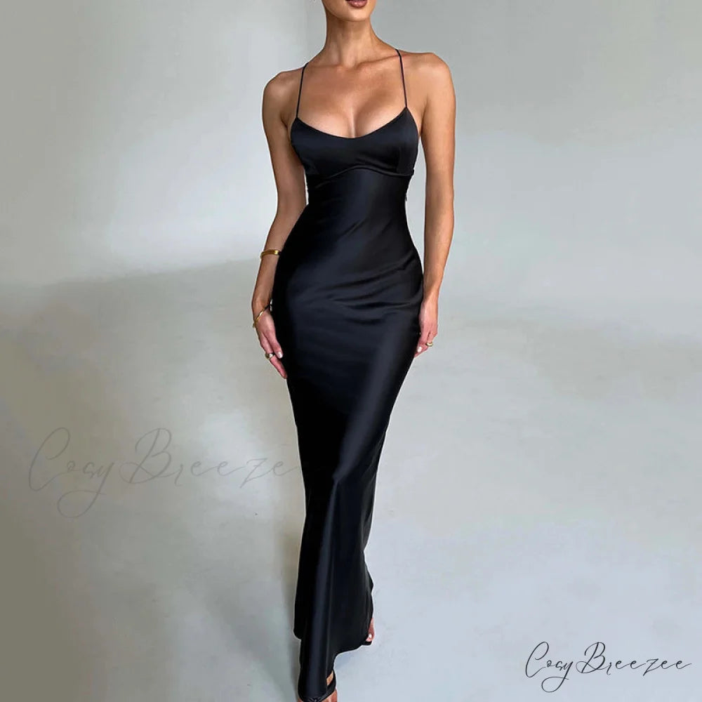 Heidi Formal Stylish Satin Lattice Dress Black / S