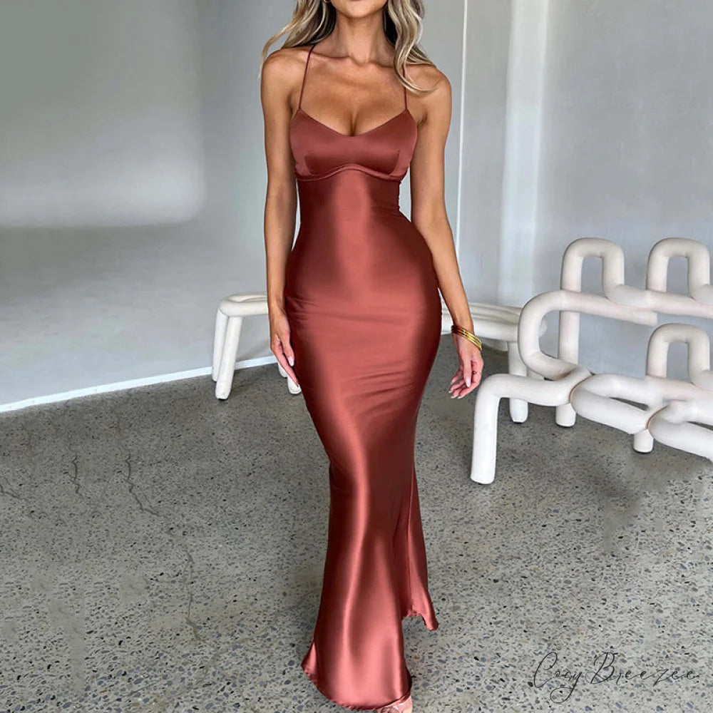 Heidi Formal Stylish Satin Lattice Dress Brown / S