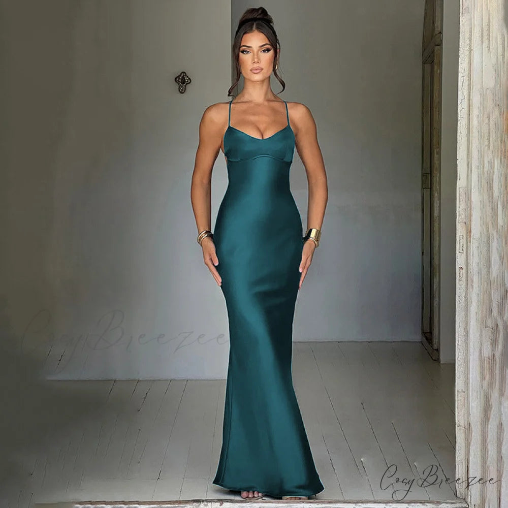 Heidi Formal Stylish Satin Lattice Dress Green / S