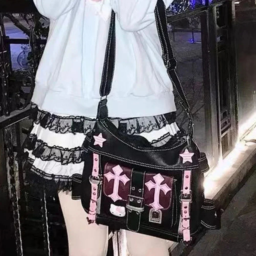 Hello Kitty Gothic Punk Vintage Pink High Capacity Trend Crossbody Bag hello kitty / 32x11x26cm