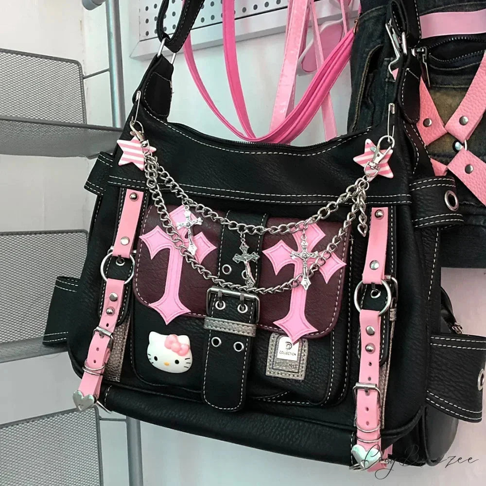 Hello Kitty Gothic Punk Vintage Pink High Capacity Trend Crossbody Bag hello kitty / 32x11x26cm