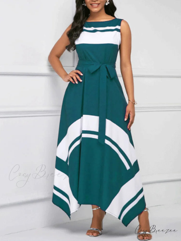 Hem Mesh Graceful Stitching Dress Cyan / S