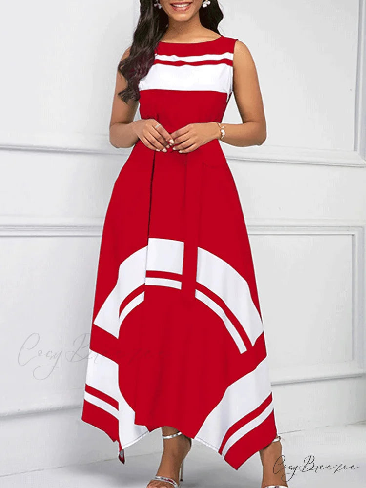 Hem Mesh Graceful Stitching Dress Red / S