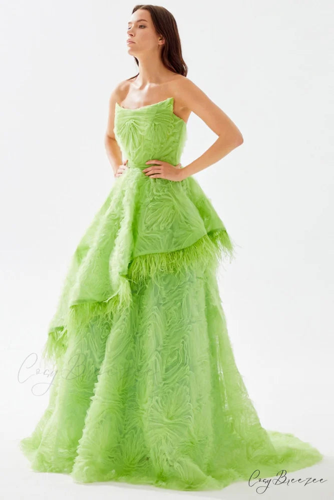 Henri Strapless Graceful Feather Trimmed Gown