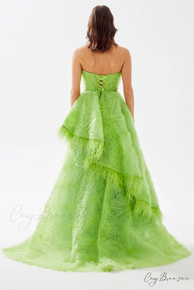 Henri Strapless Graceful Feather Trimmed Gown