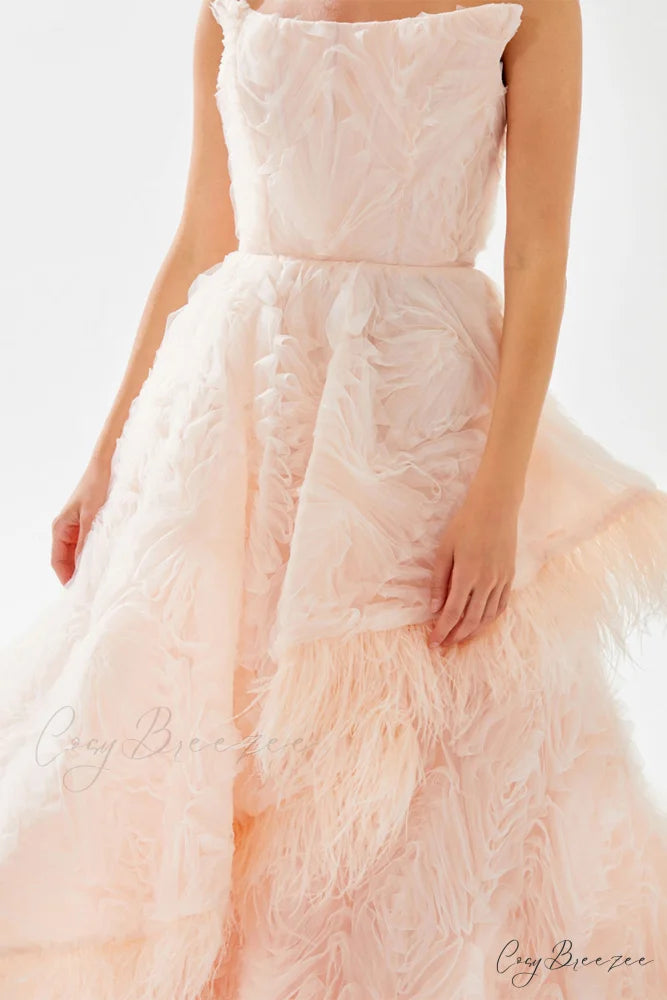 Henri Strapless Graceful Feather Trimmed Gown