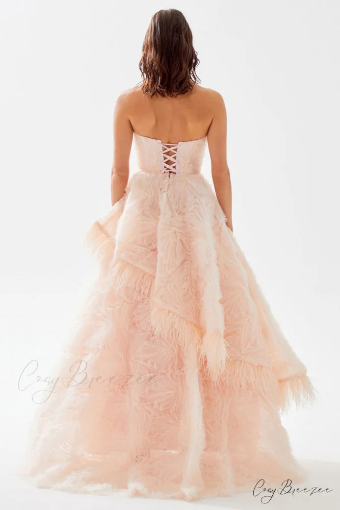 Henri Strapless Graceful Feather Trimmed Gown