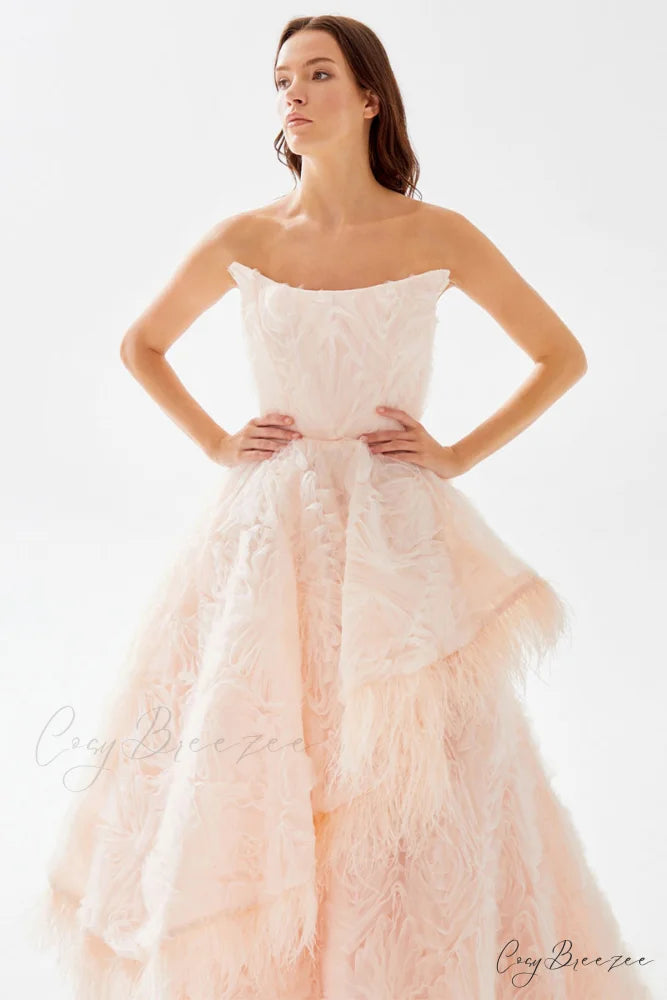 Henri Strapless Graceful Feather Trimmed Gown