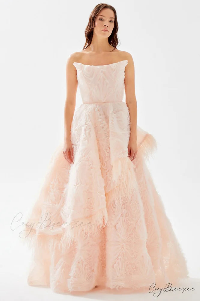 Henri Strapless Graceful Feather Trimmed Gown Champagne Pink / 2