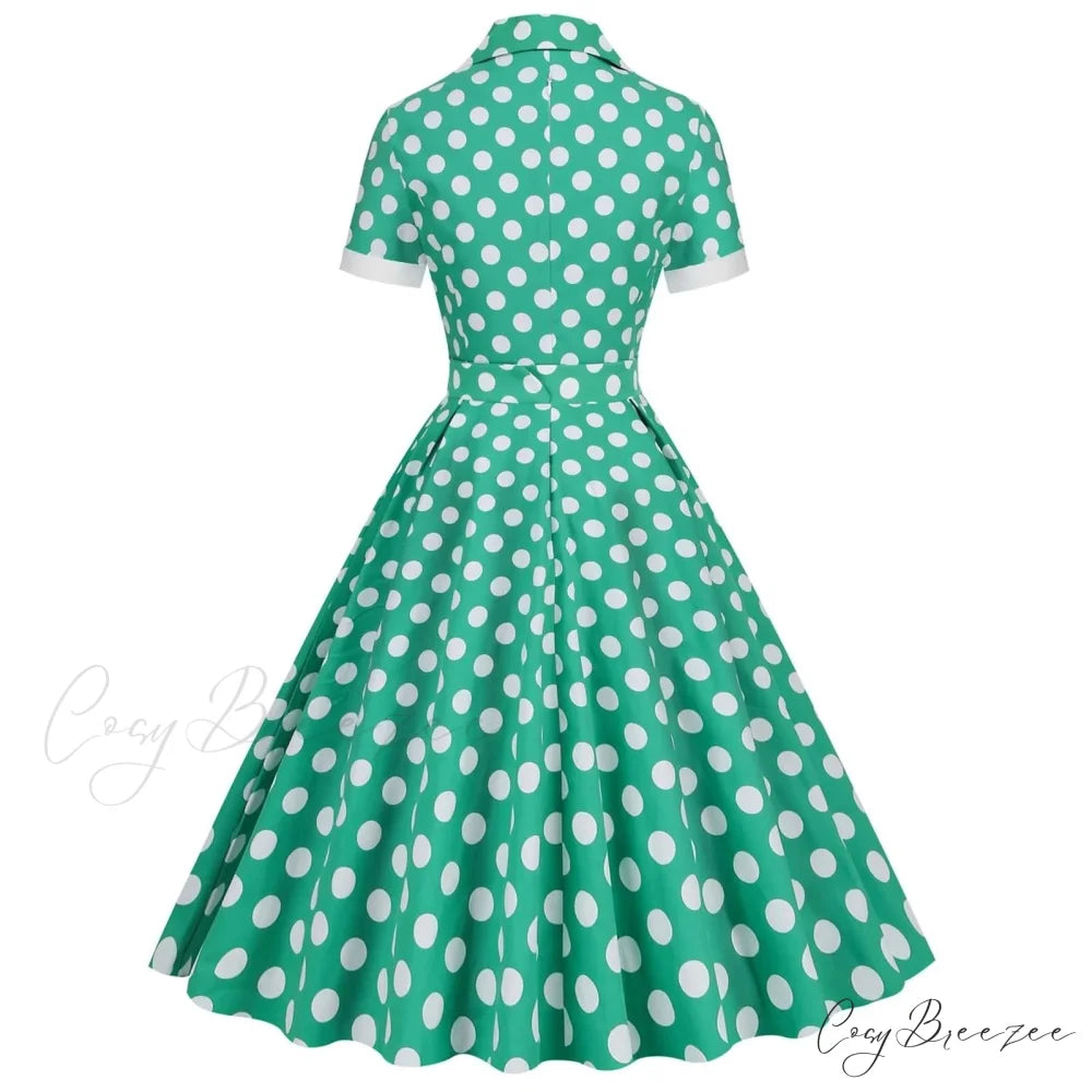 Hepburn Retro Flare Polka Dot Vintage Swing Robe Short Sleeve A Line Sun With Bow Birthday Elegant Tea Dress
