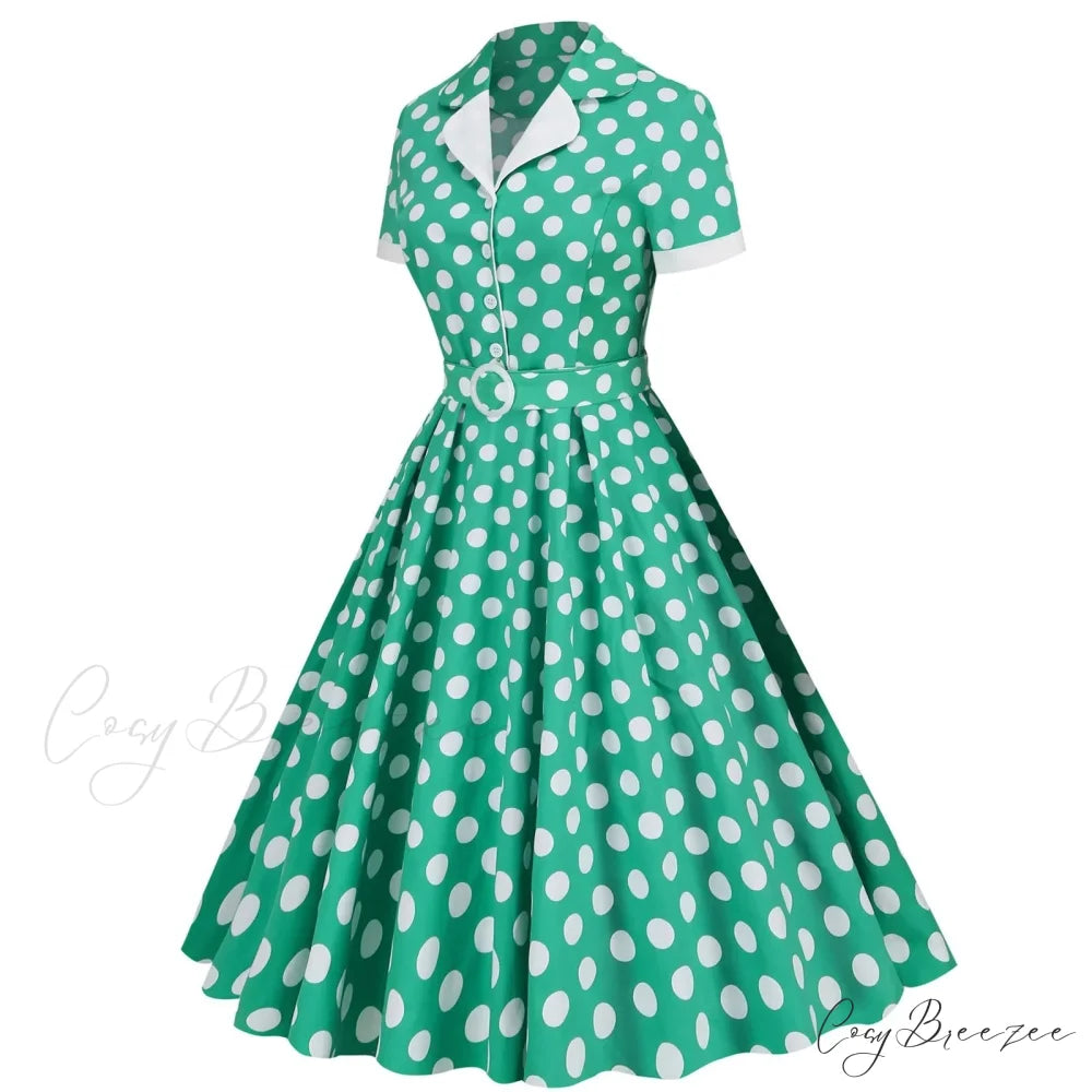 Hepburn Retro Flare Polka Dot Vintage Swing Robe Short Sleeve A Line Sun With Bow Birthday Elegant Tea Dress