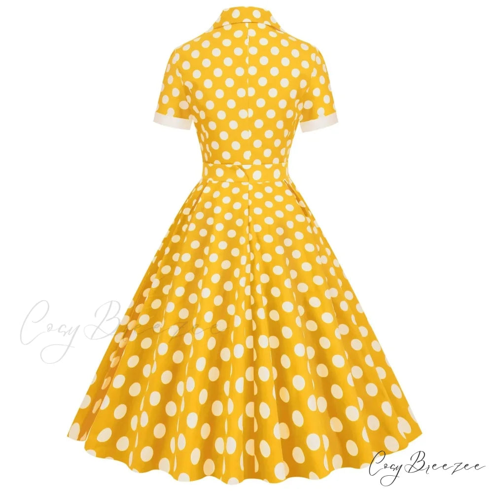 Hepburn Retro Flare Polka Dot Vintage Swing Robe Short Sleeve A Line Sun With Bow Birthday Elegant Tea Dress